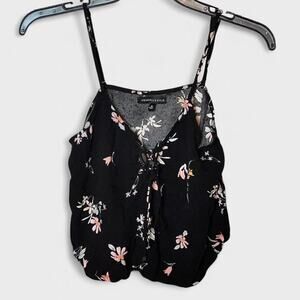 Kendall & Kylie Black Floral Drawstring Whimsical Cropped Tank Top - Size M